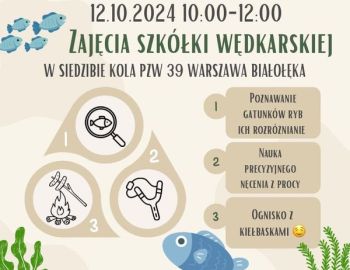 Zajęcia Szkółki Wędkarskiej Koła PZW 39 Warszawa Białołęka w dniu 12.10.2024 w godzinach 10-12.